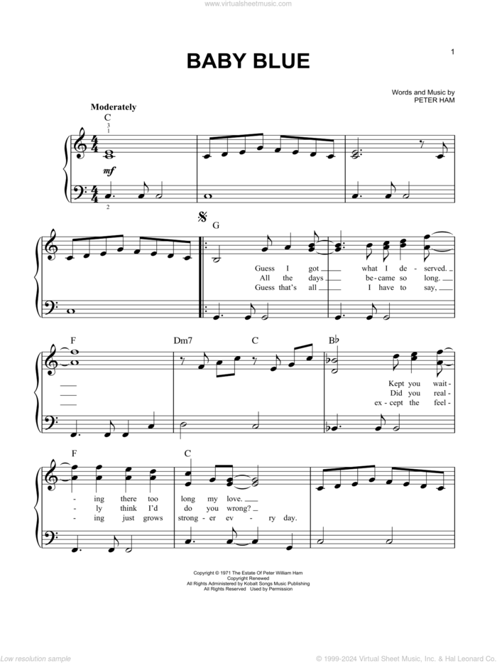 Baby Blue sheet music for piano solo by Badfinger and Pete Ham, easy skill level