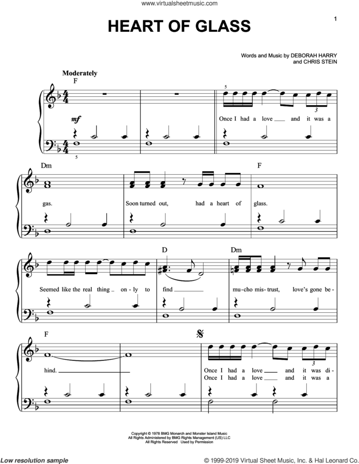 Heart Of Glass sheet music for piano solo by Blondie, Chris Stein and Deborah Harry, easy skill level