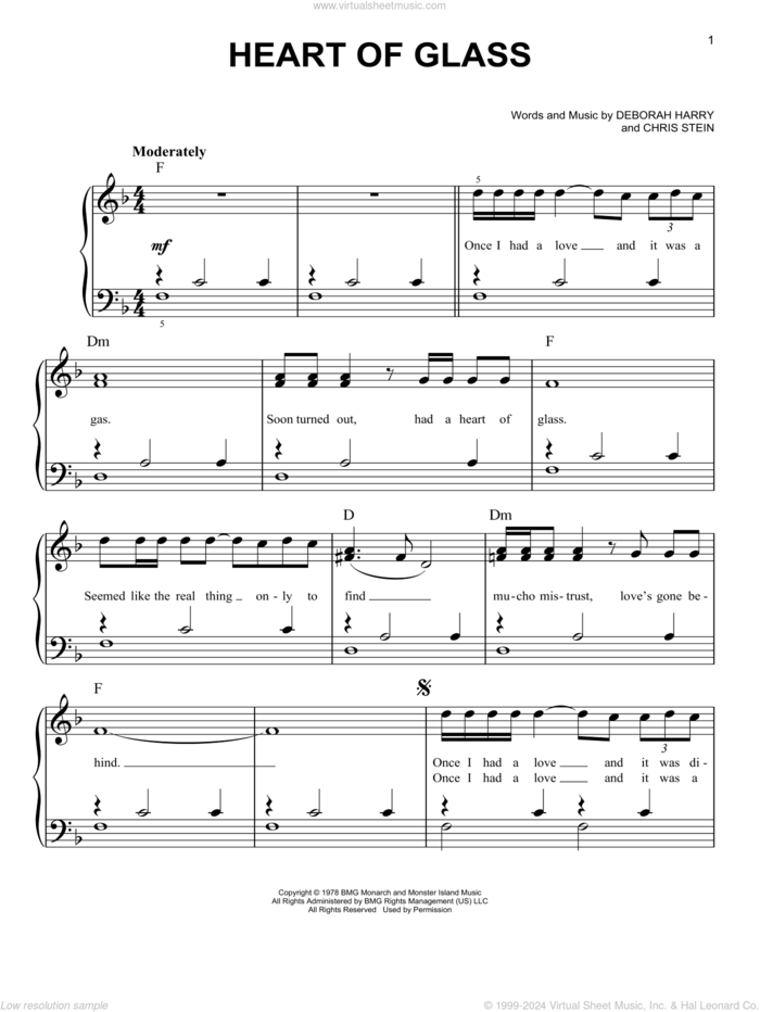 Heart Of Glass sheet music for piano solo by Blondie, Chris Stein and Deborah Harry, easy skill level