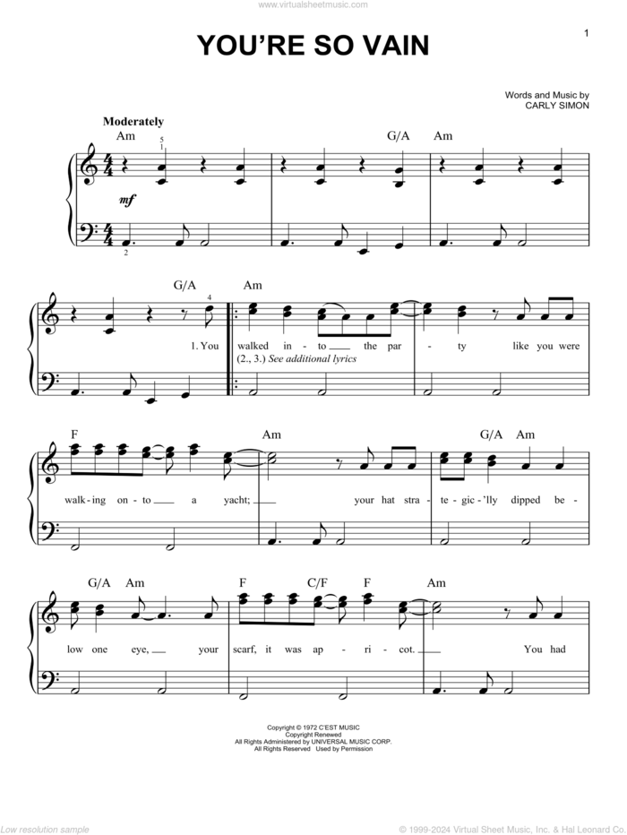 You're So Vain sheet music for piano solo by Carly Simon, easy skill level