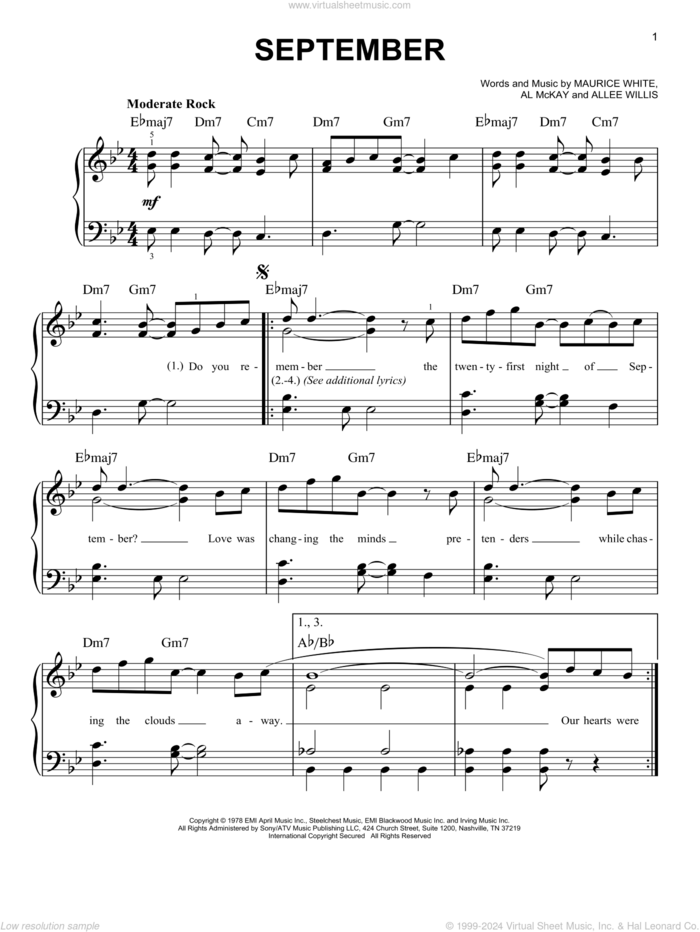 September sheet music for piano solo by Earth, Wind & Fire, Al McKay, Allee Willis and Maurice White, easy skill level