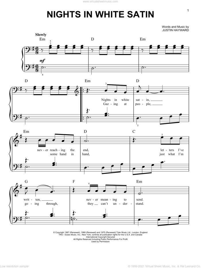 Nights In White Satin, (easy) sheet music for piano solo by The Moody Blues and Justin Hayward, easy skill level