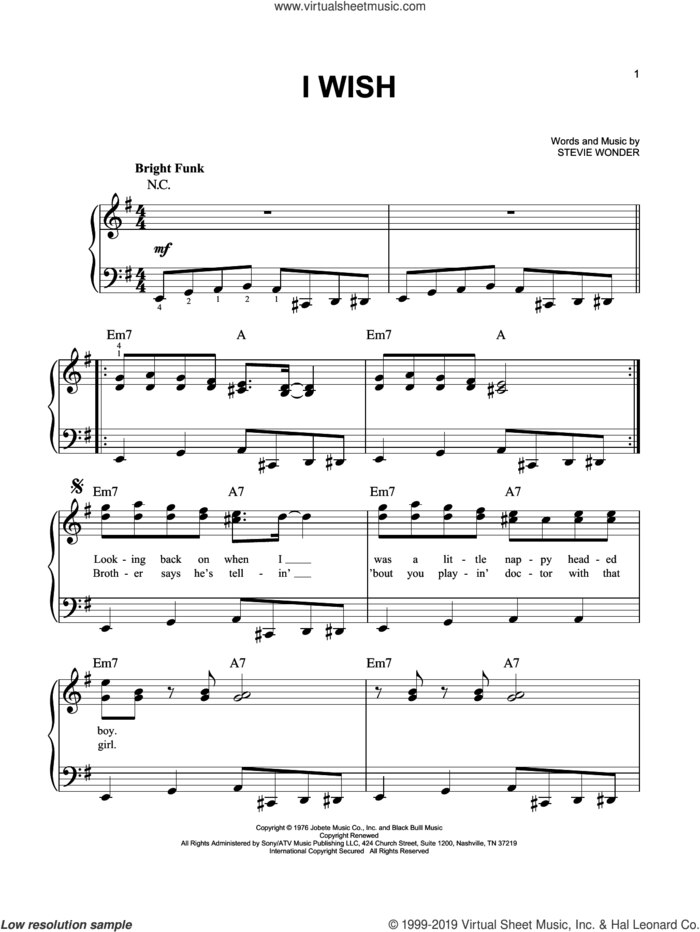 I Wish sheet music for piano solo by Stevie Wonder, easy skill level