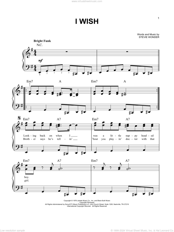 I Wish sheet music for piano solo by Stevie Wonder, easy skill level