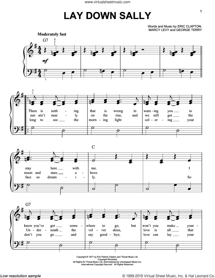 Lay Down Sally, (easy) sheet music for piano solo by Eric Clapton, George Terry and Marcy Levy, easy skill level