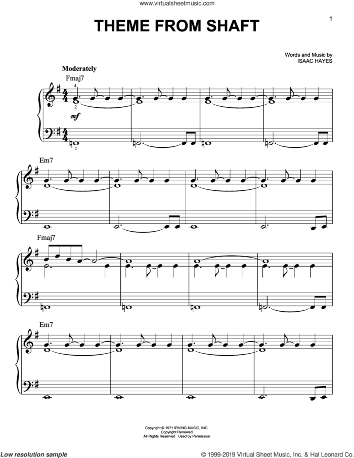 Theme From Shaft sheet music for piano solo by Isaac Hayes, easy skill level