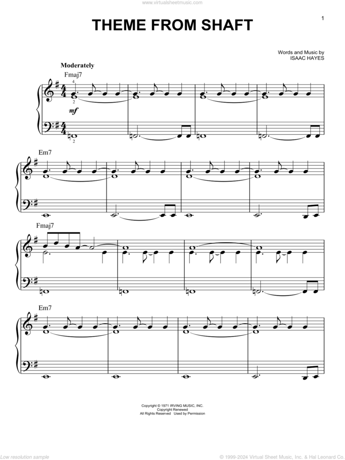 Theme From Shaft sheet music for piano solo by Isaac Hayes, easy skill level