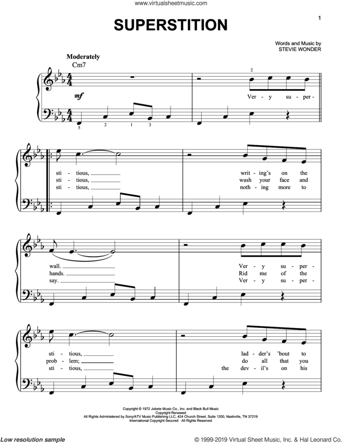 Superstition, (easy) sheet music for piano solo by Stevie Wonder, easy skill level