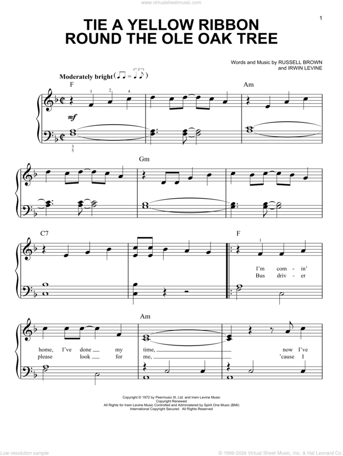 Tie A Yellow Ribbon Round The Ole Oak Tree sheet music for piano solo by Tony Orlando and Dawn, Dawn featuring Tony Orlando, Irwin Levine and L. Russell Brown, easy skill level