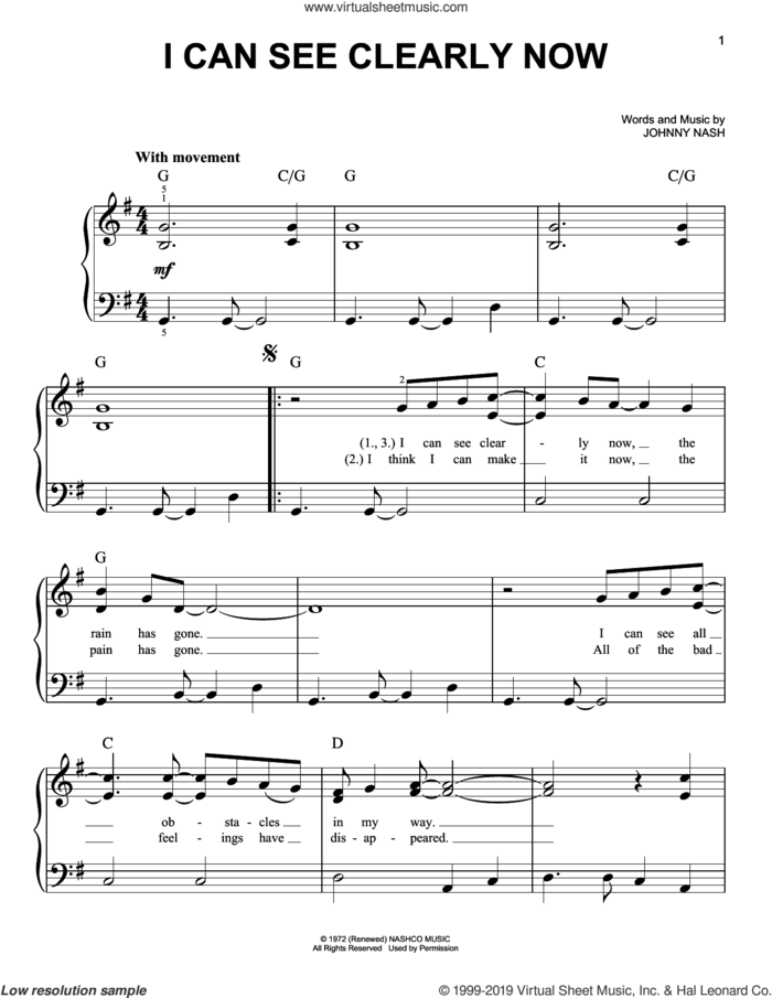 I Can See Clearly Now, (easy) sheet music for piano solo by Jimmy Cliff and Johnny Nash, easy skill level