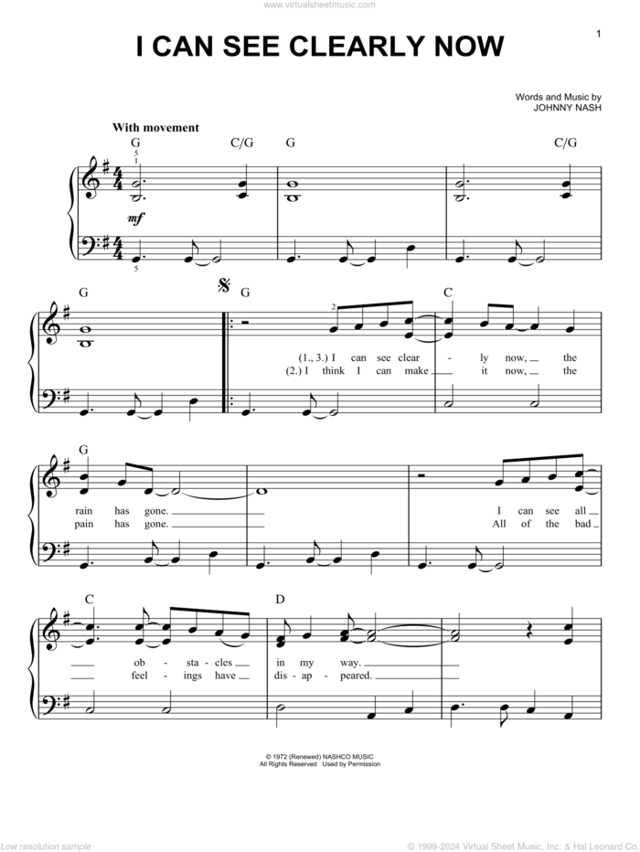 I Can See Clearly Now, (easy) sheet music for piano solo by Jimmy Cliff and Johnny Nash, easy skill level