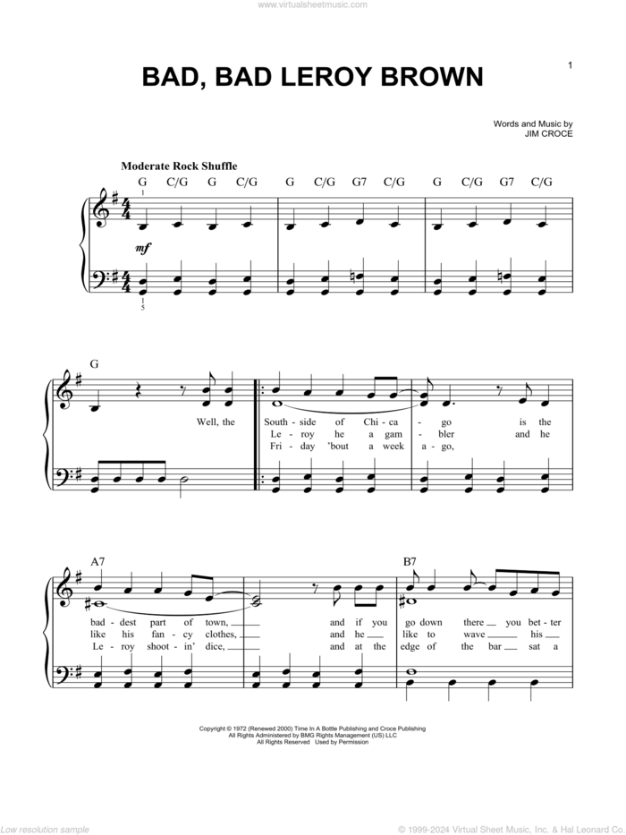 Bad, Bad Leroy Brown sheet music for piano solo by Jim Croce, easy skill level