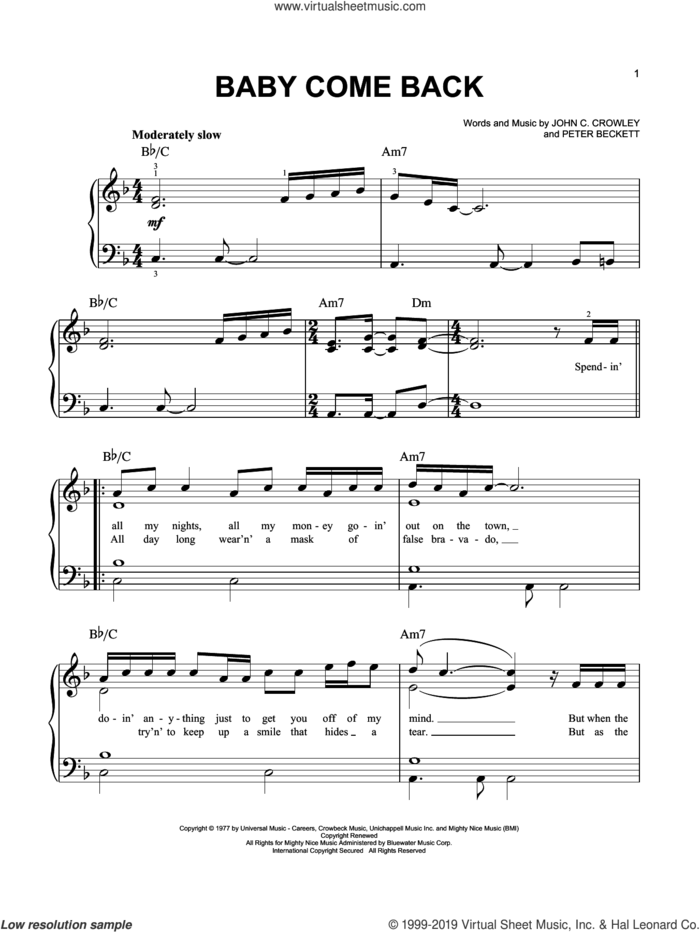 Baby Come Back sheet music for piano solo by Player, John C. Crowley and Peter Beckett, easy skill level