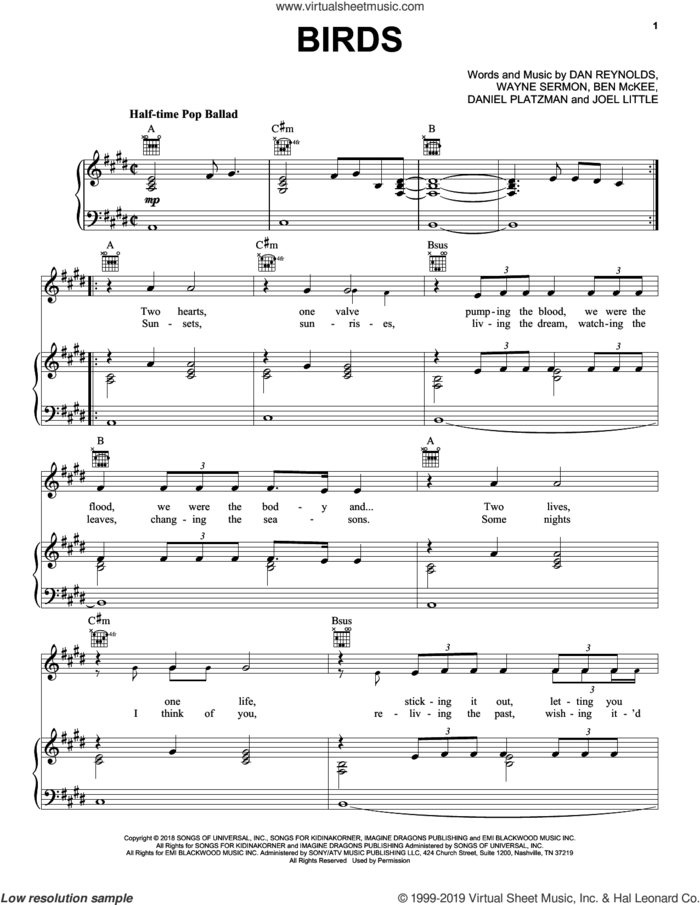 Birds sheet music for voice, piano or guitar by Imagine Dragons, Ben McKee, Dan Reynolds, Daniel Platzman, Joel Little and Wayne Sermon, intermediate skill level