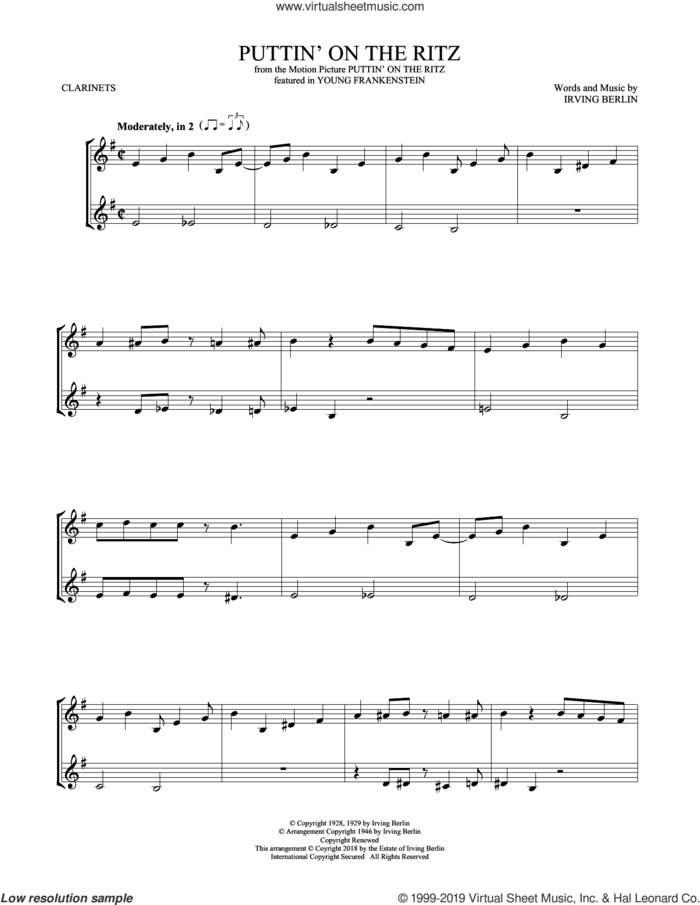 Puttin' On The Ritz sheet music for two clarinets (duets) by Irving Berlin and Taco, intermediate skill level