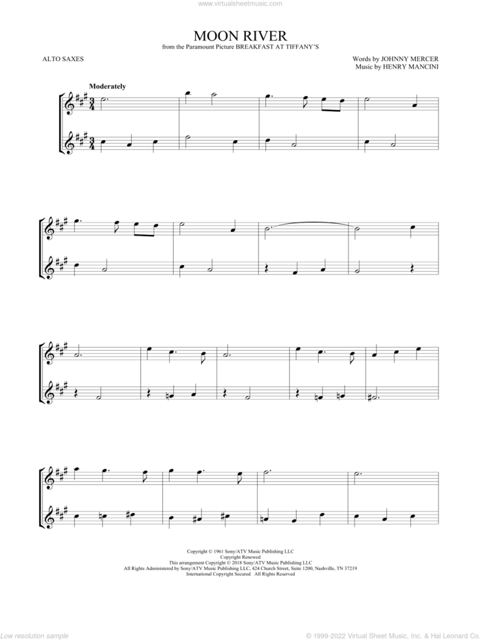 Moon River sheet music for two alto saxophones (duets) by Johnny Mercer, Andy Williams and Henry Mancini, wedding score, intermediate skill level