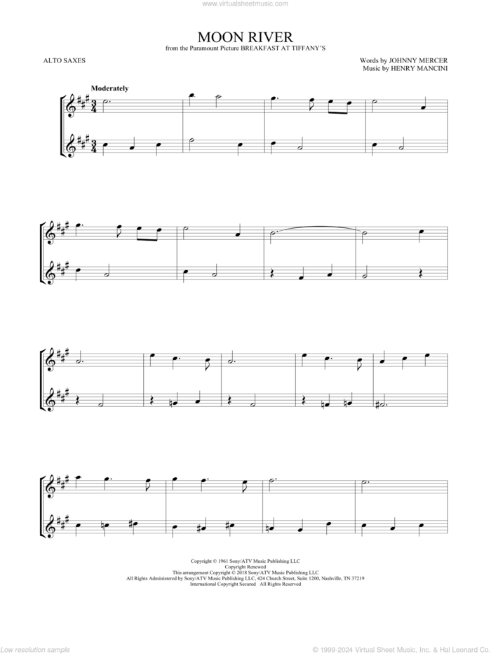 Moon River sheet music for two alto saxophones (duets) by Johnny Mercer, Andy Williams and Henry Mancini, wedding score, intermediate skill level