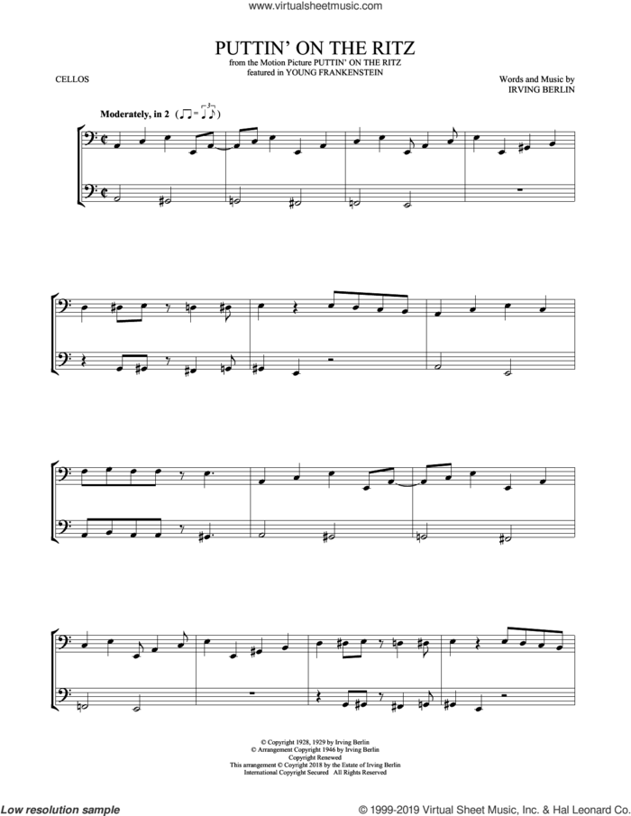 Puttin' On The Ritz sheet music for two cellos (duet, duets) by Irving Berlin and Taco, intermediate skill level