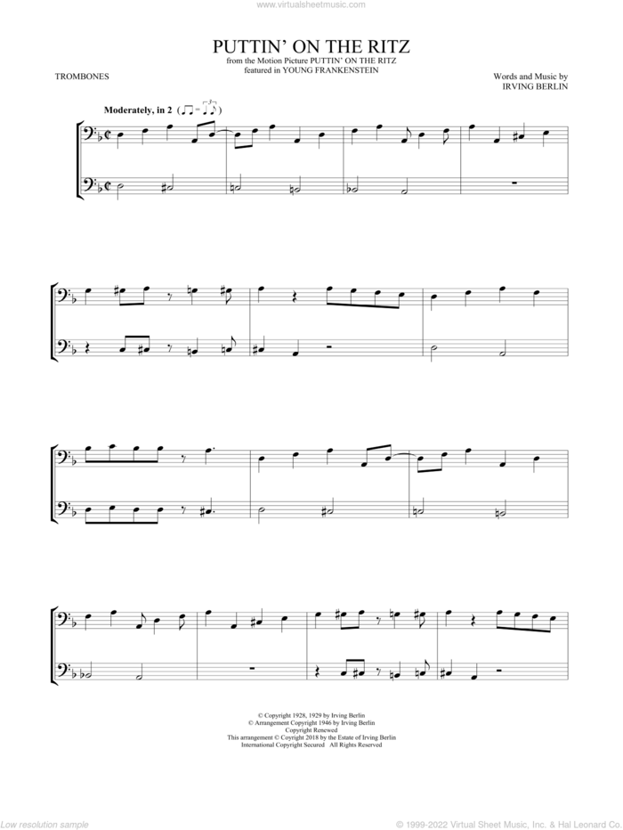 Puttin' On The Ritz sheet music for two trombones (duet, duets) by Irving Berlin and Taco, intermediate skill level