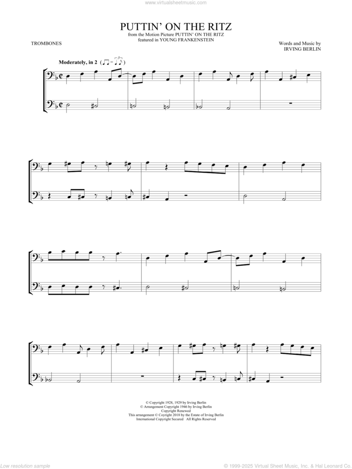 Puttin' On The Ritz sheet music for two trombones (duet, duets) by Irving Berlin and Taco, intermediate skill level