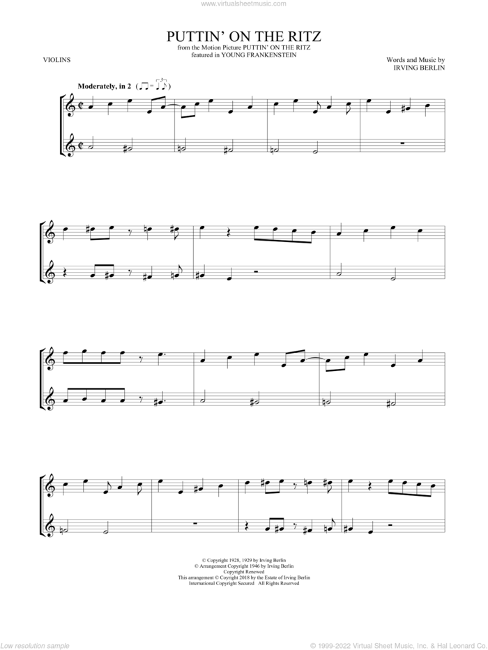 Puttin' On The Ritz sheet music for two violins (duets, violin duets) by Irving Berlin and Taco, intermediate skill level