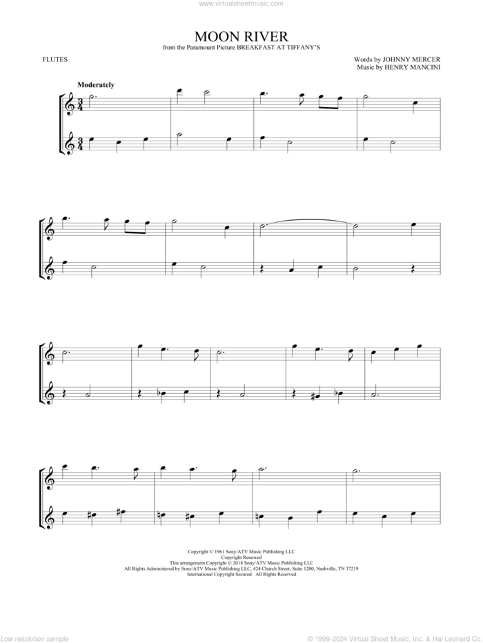 Moon River sheet music for two flutes (duets) by Andy Williams, Henry Mancini and Johnny Mercer, intermediate skill level