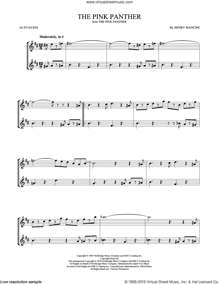 The Pink Panther sheet music for two alto saxophones (duets) by Henry Mancini, intermediate skill level