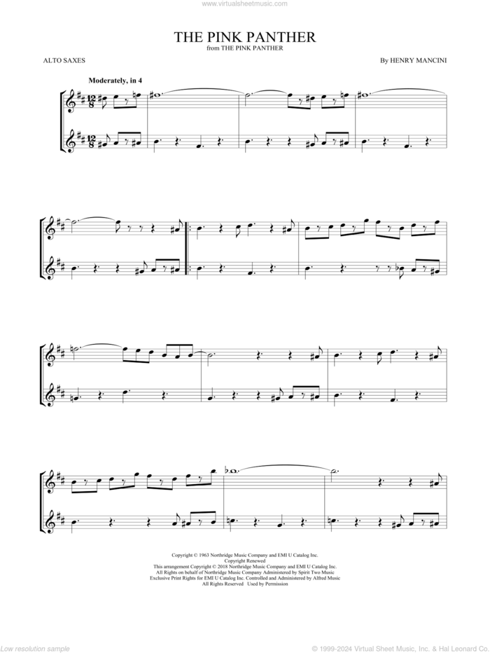 The Pink Panther sheet music for two alto saxophones (duets) by Henry Mancini, intermediate skill level