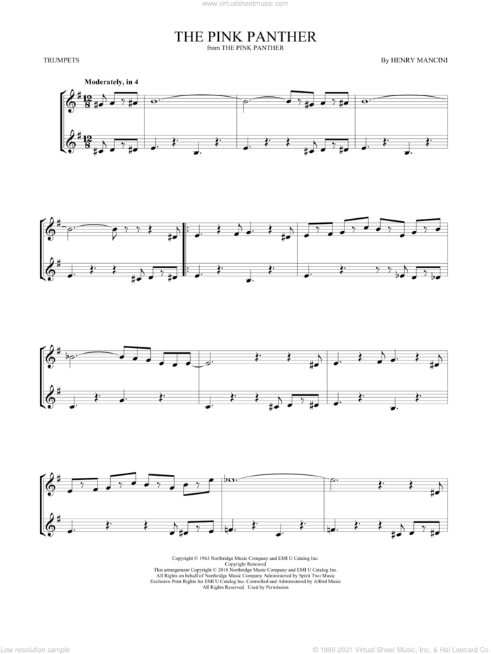 The Pink Panther sheet music for two trumpets (duet, duets) by Henry Mancini, intermediate skill level