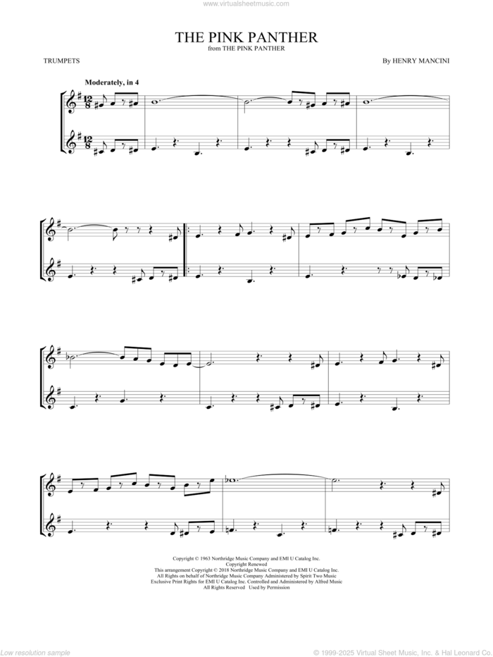 The Pink Panther sheet music for two trumpets (duet, duets) by Henry Mancini, intermediate skill level