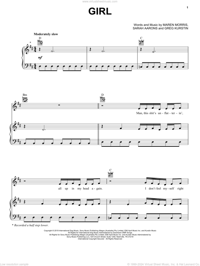 GIRL sheet music for voice, piano or guitar by Maren Morris, Greg Kurstin and Sarah Aarons, intermediate skill level