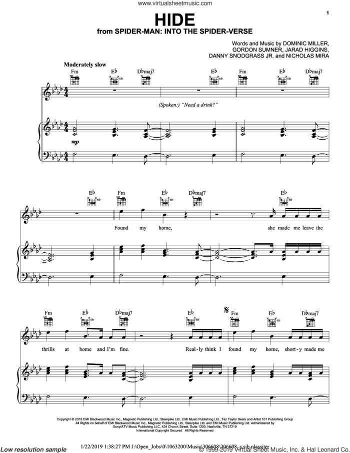 Hide (feat. Seezyn) (from Spider-Man: Into the Spider-Verse) sheet music for voice, piano or guitar by Juice Wrld, Carl Chaney, Jarad Higgins and PD Beats, intermediate skill level