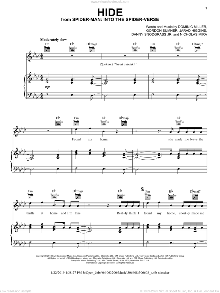 Hide (feat. Seezyn) (from Spider-Man: Into the Spider-Verse) sheet music for voice, piano or guitar by Juice Wrld, Carl Chaney, Jarad Higgins and PD Beats, intermediate skill level