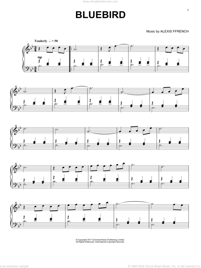 Bluebird sheet music for piano solo by Alexis Ffrench, classical score, intermediate skill level
