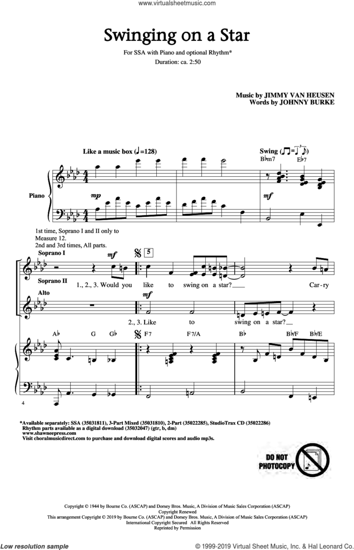 Swinging on a Star (arr. Greg Gilpin) sheet music for choir (SSA: soprano, alto) by Jimmy Van Heusen, Greg Gilpin and John Burke, intermediate skill level