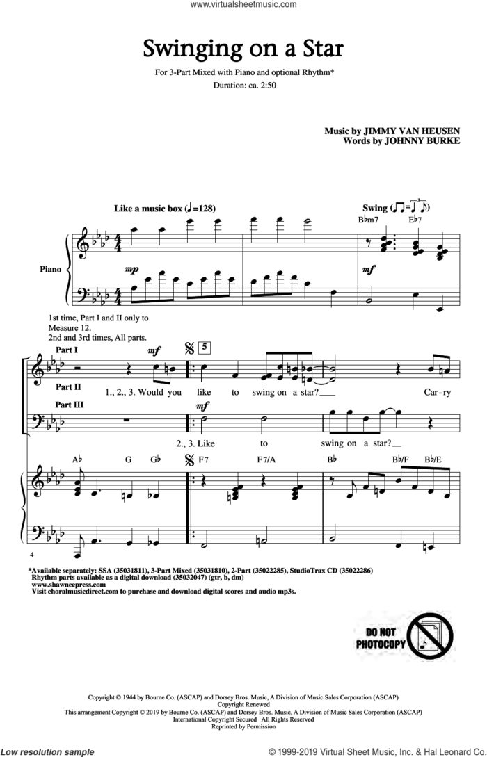 Swinging on a Star (arr. Greg Gilpin) sheet music for choir (3-Part Mixed) by Jimmy Van Heusen, Greg Gilpin and John Burke, intermediate skill level