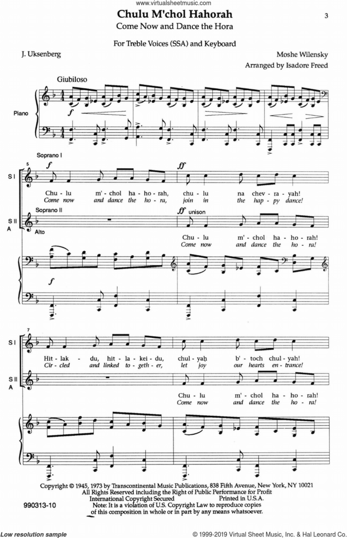 Chulu M'chol Hahora (Come Now And Dance The Hora) sheet music for choir (SSA: soprano, alto) by Moshe Wilenski and Isadore Freed, intermediate skill level