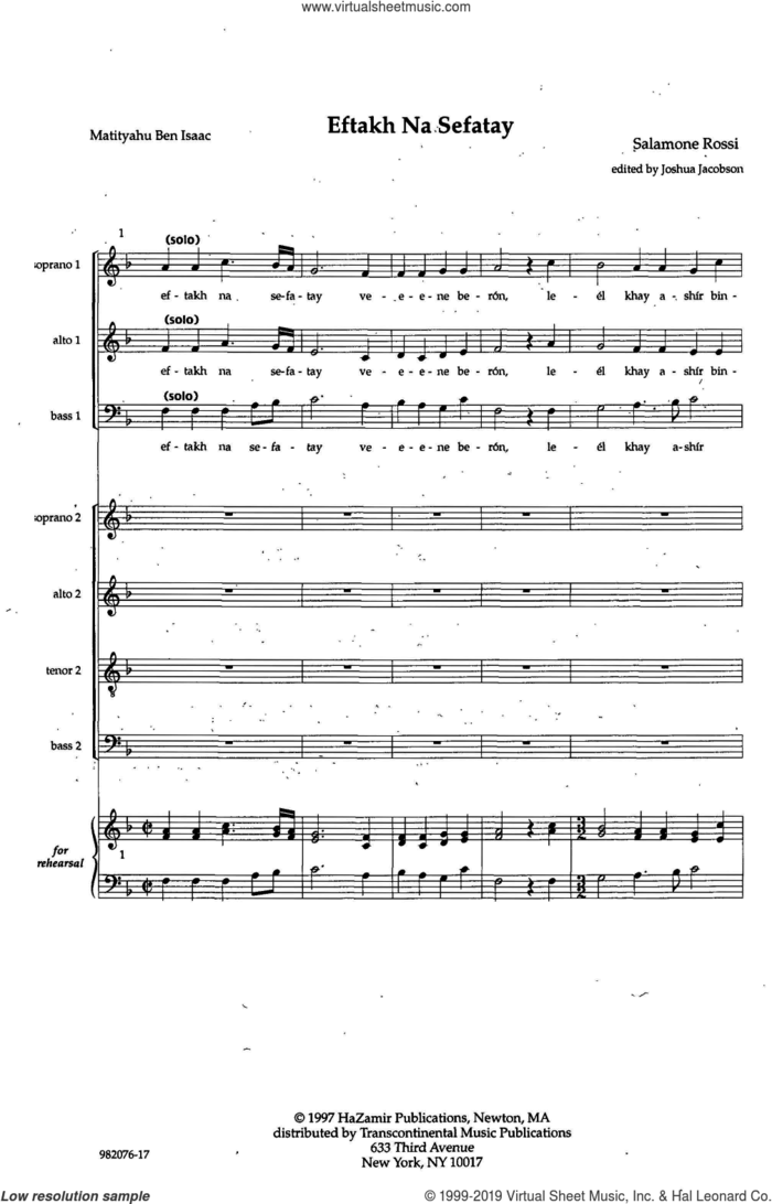 Eftakh Na Sefatay sheet music for choir (SATB: soprano, alto, tenor, bass) by Salamone Rossi and Joshua Jacobson, intermediate skill level