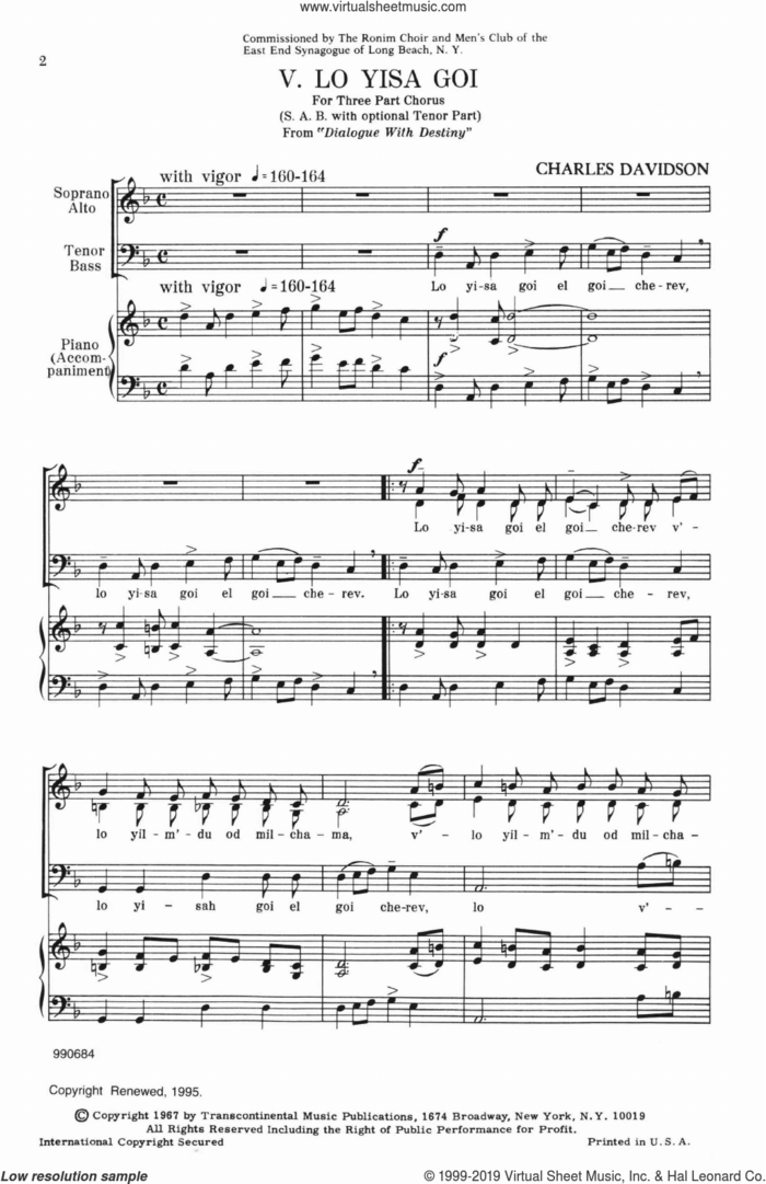 Lo Yisa Goi sheet music for choir (SAB: soprano, alto, bass) by Charles Davidson, intermediate skill level
