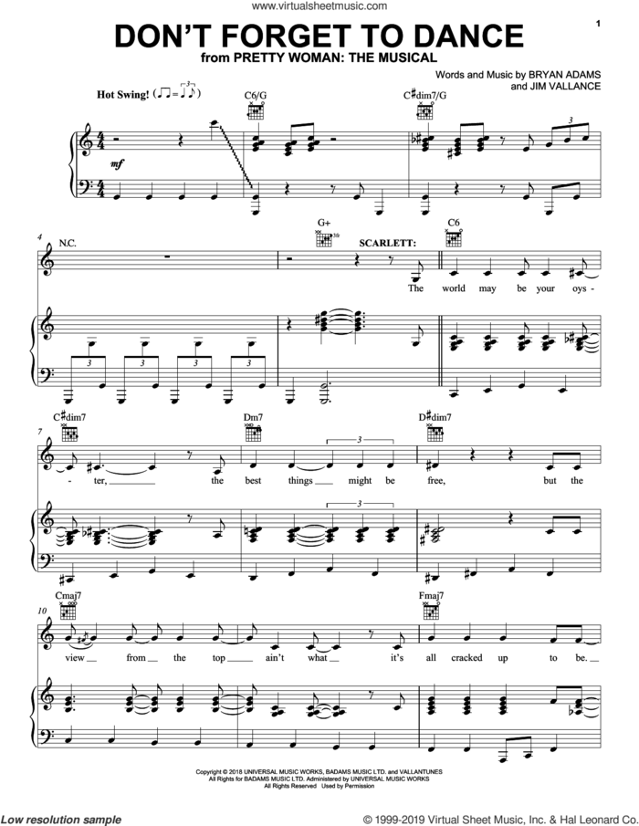 Don't Forget To Dance (from Pretty Woman: The Musical) sheet music for voice, piano or guitar by Bryan Adams & Jim Vallance, intermediate skill level