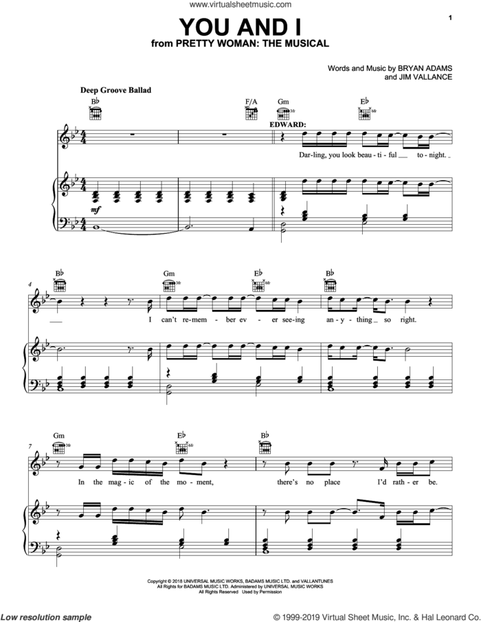 You And I (from Pretty Woman: The Musical) sheet music for voice, piano or guitar by Bryan Adams & Jim Vallance, intermediate skill level