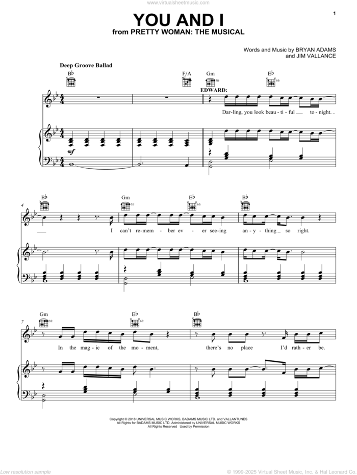 You And I (from Pretty Woman: The Musical) sheet music for voice, piano or guitar by Bryan Adams & Jim Vallance, intermediate skill level