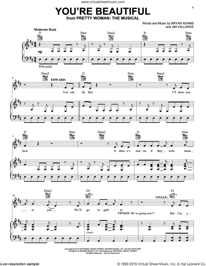 You're Beautiful (from Pretty Woman: The Musical) sheet music for voice, piano or guitar by Bryan Adams & Jim Vallance, intermediate skill level