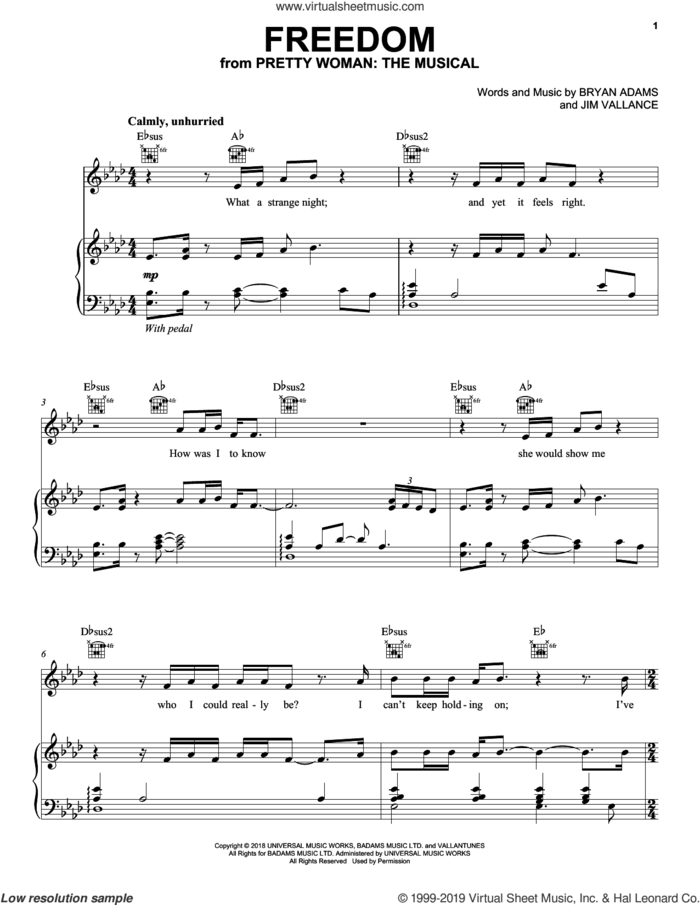 Freedom (from Pretty Woman: The Musical) sheet music for voice, piano or guitar by Bryan Adams & Jim Vallance, intermediate skill level