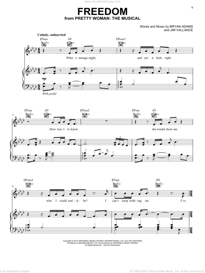 Freedom (from Pretty Woman: The Musical) sheet music for voice, piano or guitar by Bryan Adams & Jim Vallance, intermediate skill level