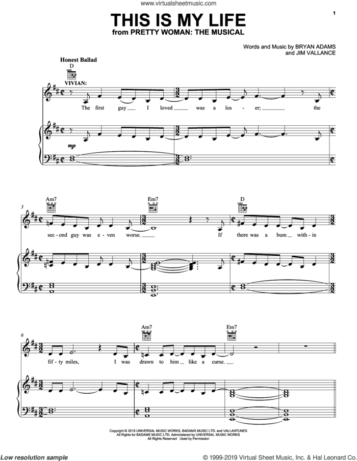 This Is My Life (from Pretty Woman: The Musical) sheet music for voice, piano or guitar by Bryan Adams & Jim Vallance, intermediate skill level