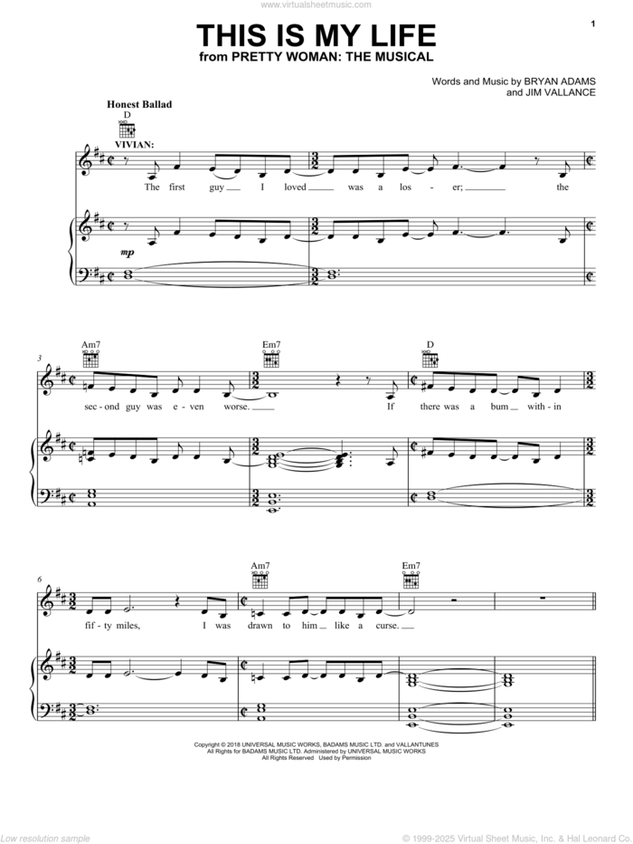 This Is My Life (from Pretty Woman: The Musical) sheet music for voice, piano or guitar by Bryan Adams & Jim Vallance, intermediate skill level