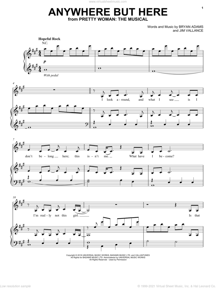 Anywhere But Here (from Pretty Woman: The Musical) sheet music for voice, piano or guitar by Bryan Adams & Jim Vallance, intermediate skill level