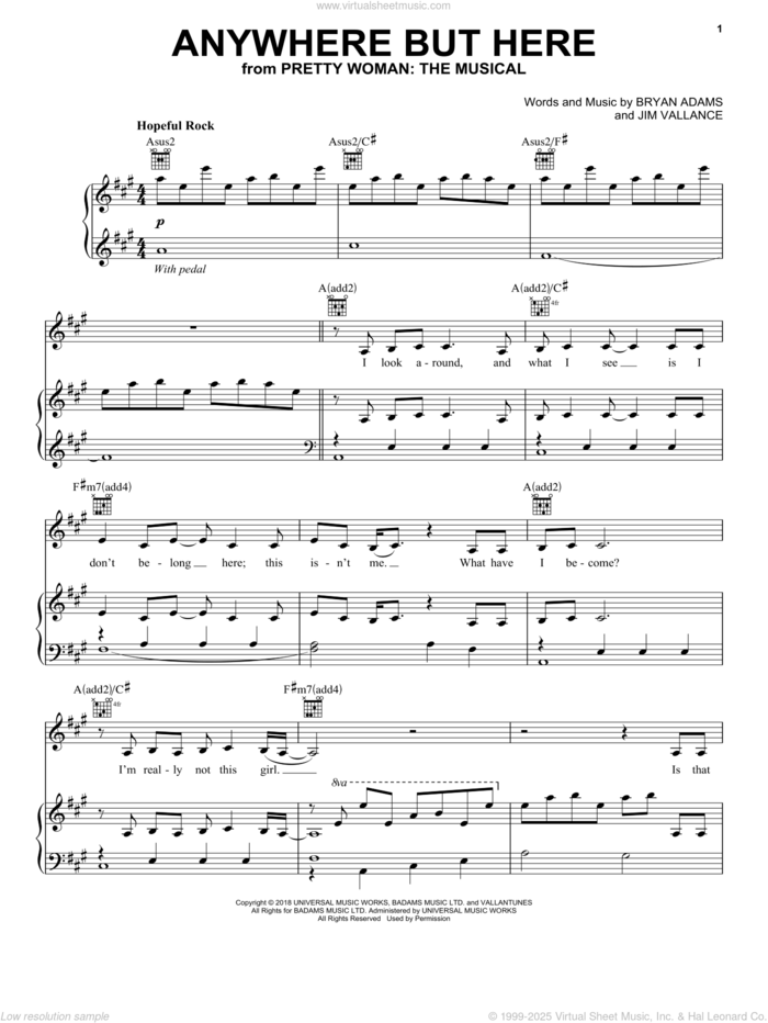 Anywhere But Here (from Pretty Woman: The Musical) sheet music for voice, piano or guitar by Bryan Adams & Jim Vallance, intermediate skill level