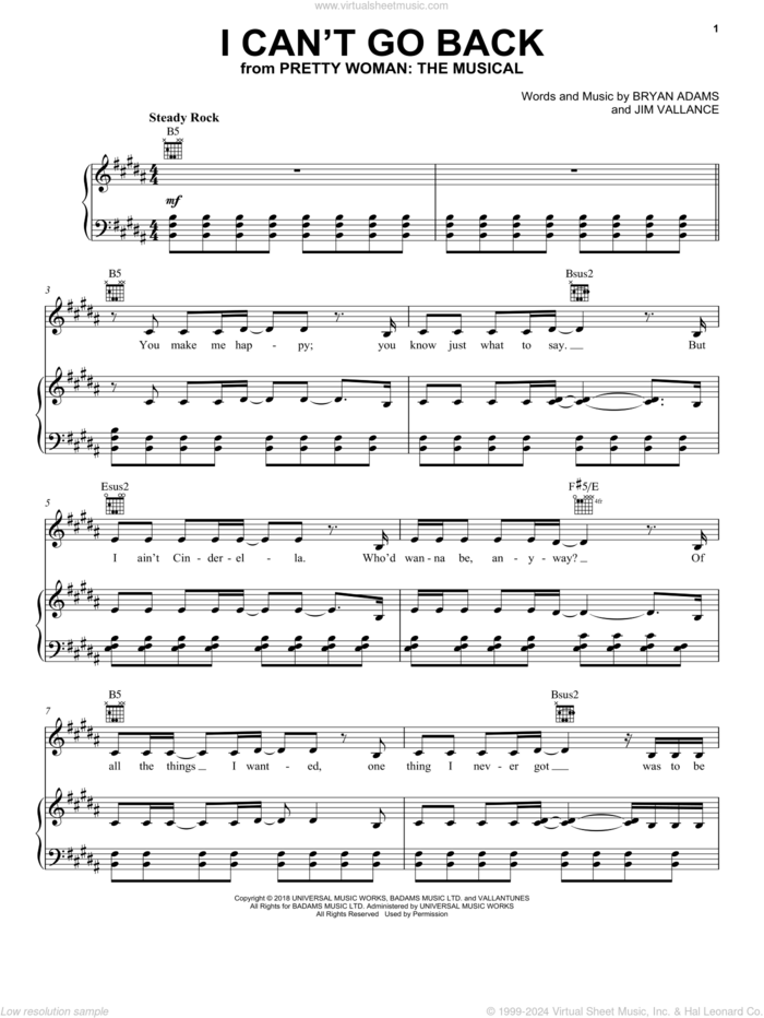 I Can't Go Back (from Pretty Woman: The Musical) sheet music for voice, piano or guitar by Bryan Adams & Jim Vallance, intermediate skill level
